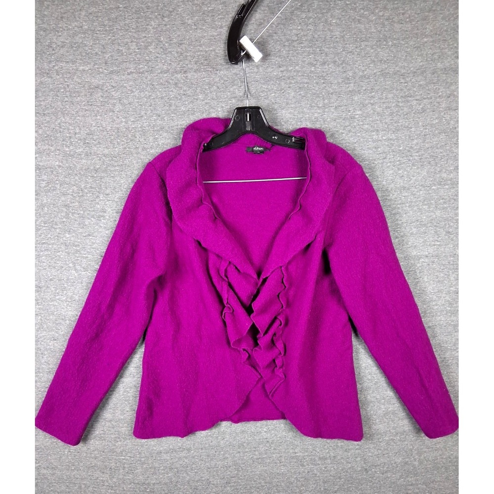 Alfani Womens Jacket XL Purple 100% Merino Wool Ruffle Waterfall Cardigan